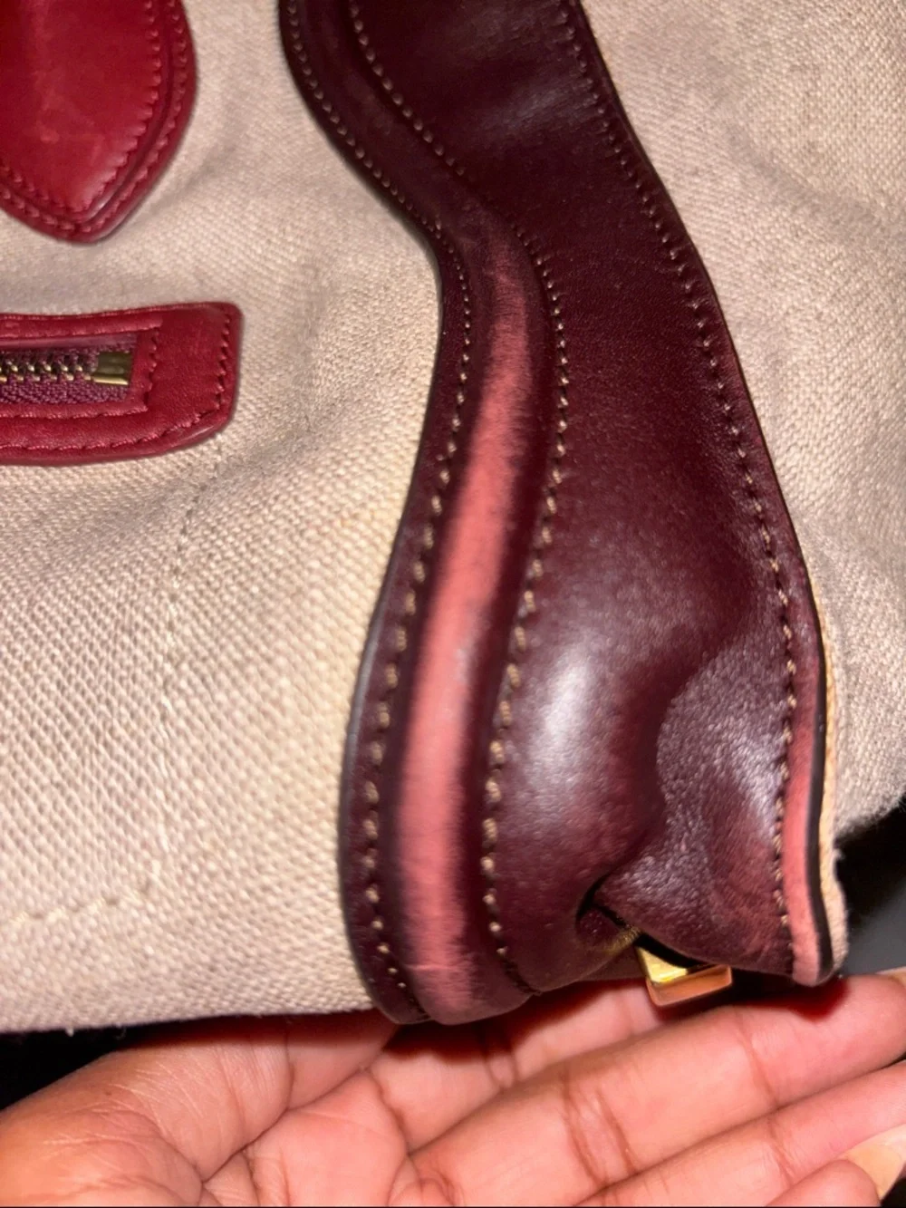 Celine Beige Canvas Tote with Burgundy and Dark Brown Leather Trim - Picture 8 of 10